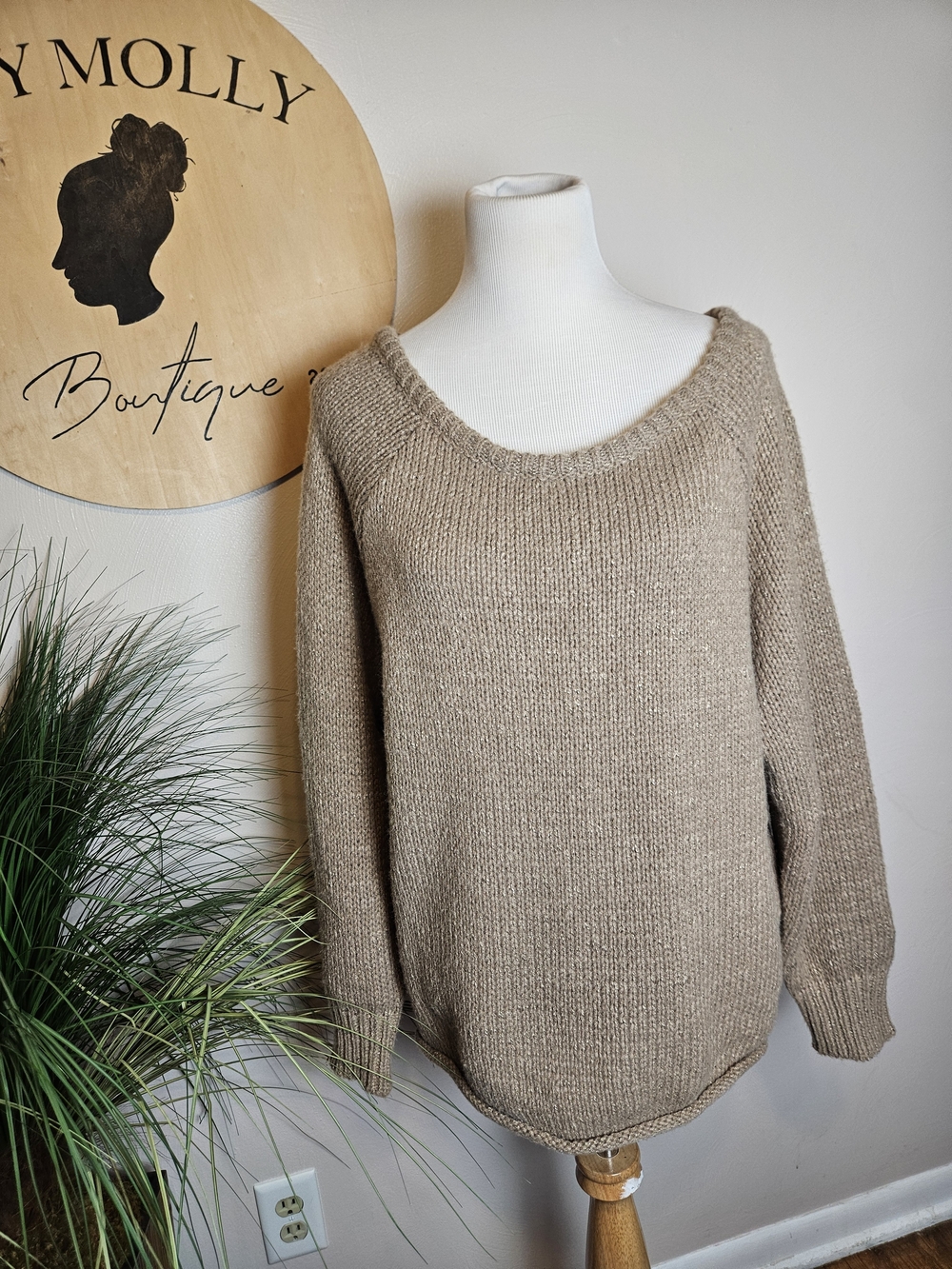 Neutral Taupe Knit Sweater - Women's Cozy Pullover